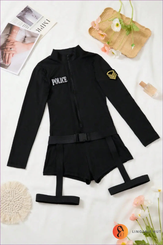 Police Costume Bodysuit with Zipper Front - Playful Power Edit - s / Black - Cutout • Lingerie • Night out - Hut