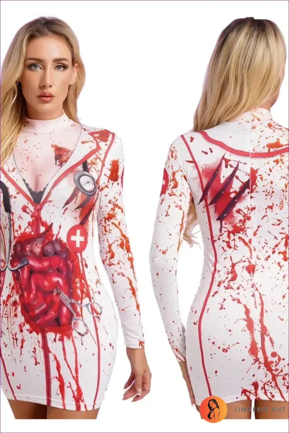 Zombie Nurse Costume with Bloody Print - After-dark Statement - Only Dress / s - Dresses - Lingerie Hut - Autumn