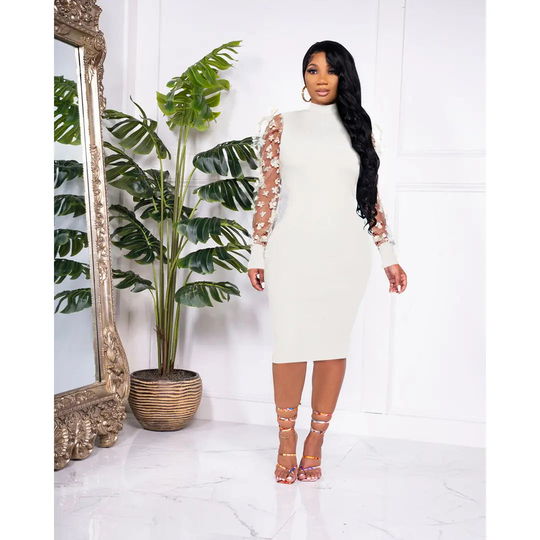 Bodycon Dress with Mesh Floral Sleeves - Evening Glam