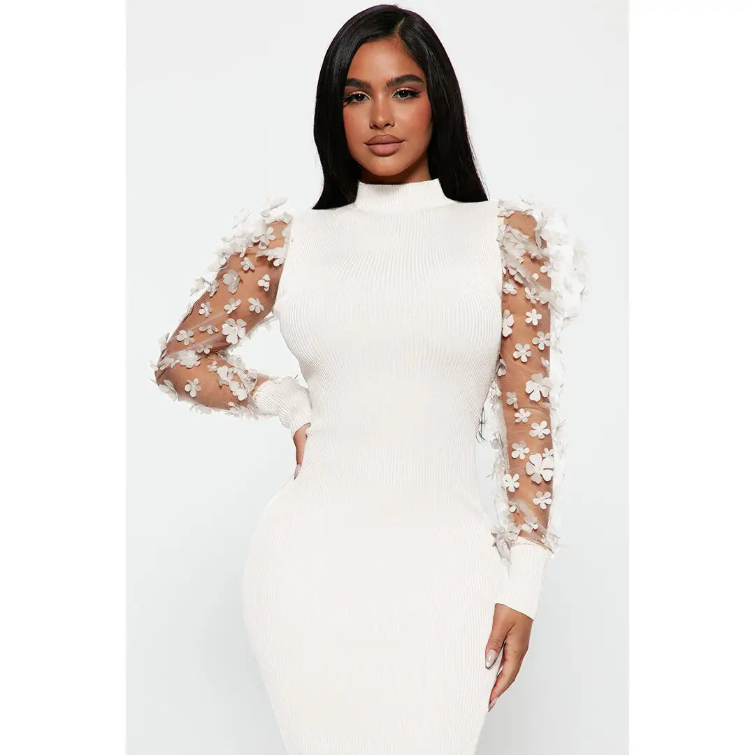 Bodycon Dress with Mesh Floral Sleeves - Evening Glam