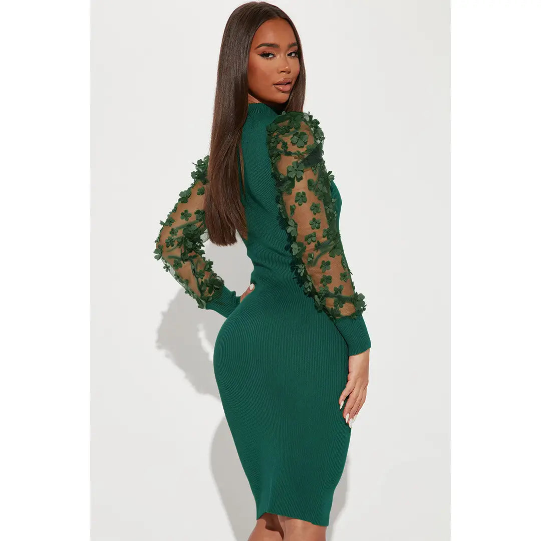 Bodycon Dress with Mesh Floral Sleeves - Evening Glam
