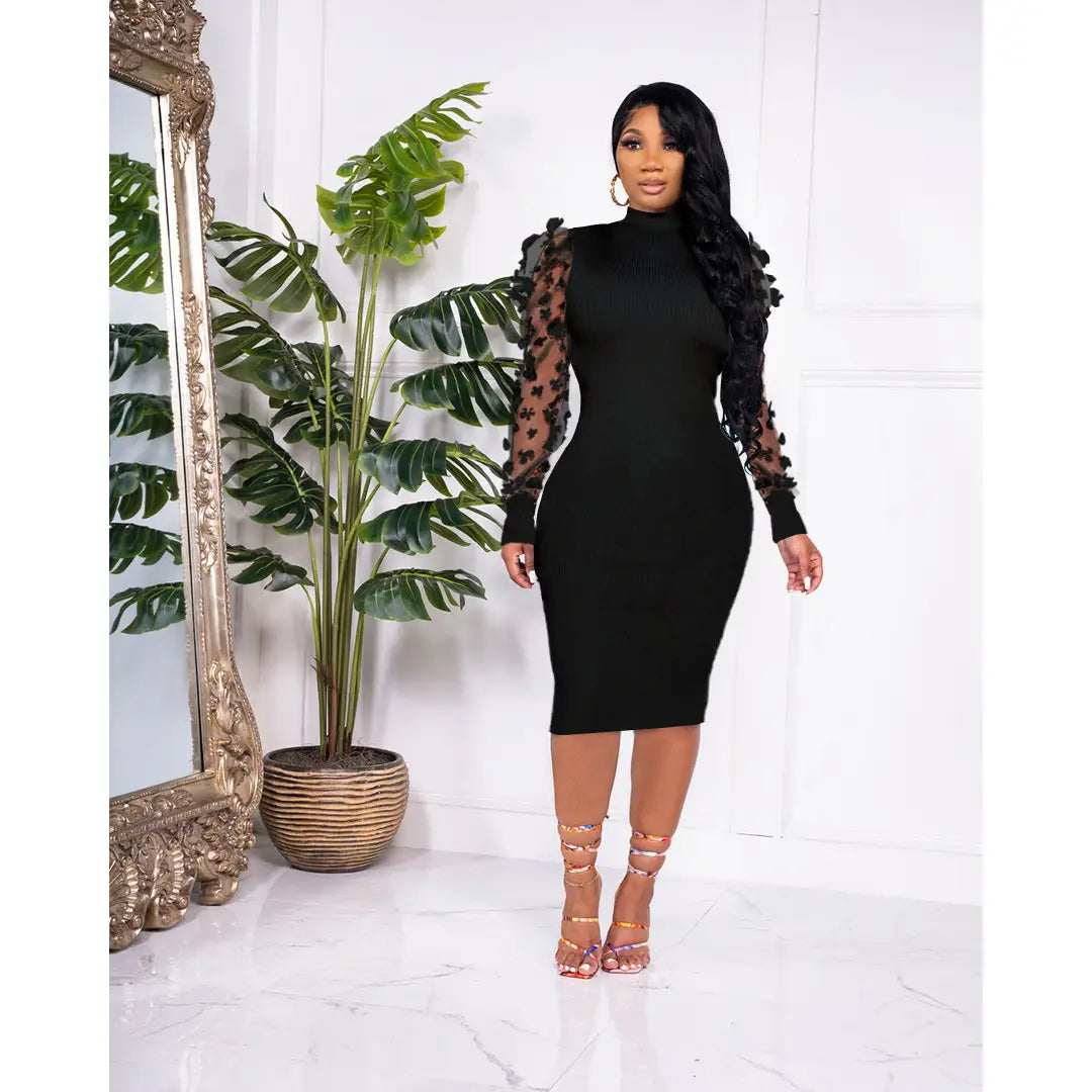 Bodycon Dress with Mesh Floral Sleeves - Evening Glam