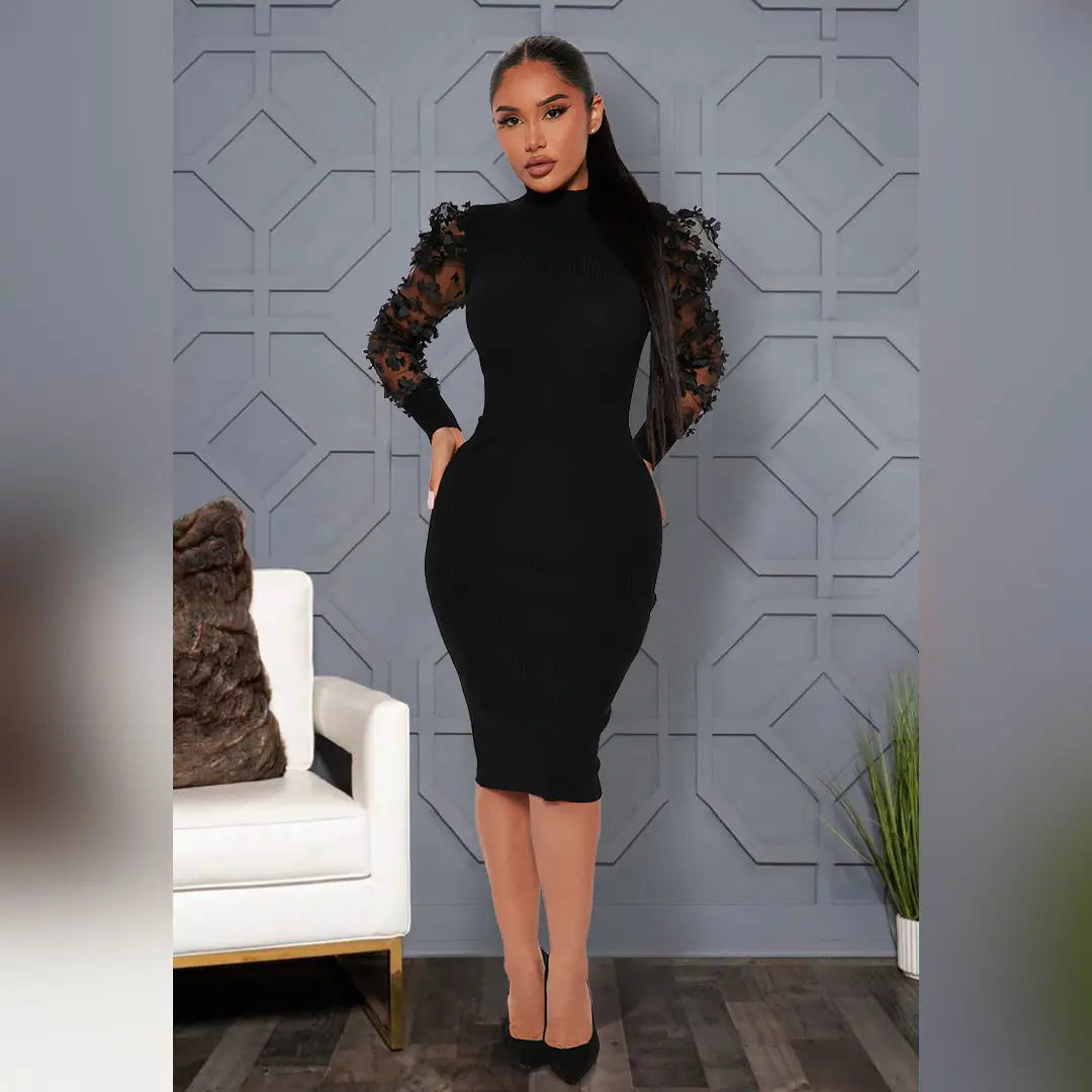 Bodycon Dress with Mesh Floral Sleeves - Evening Glam