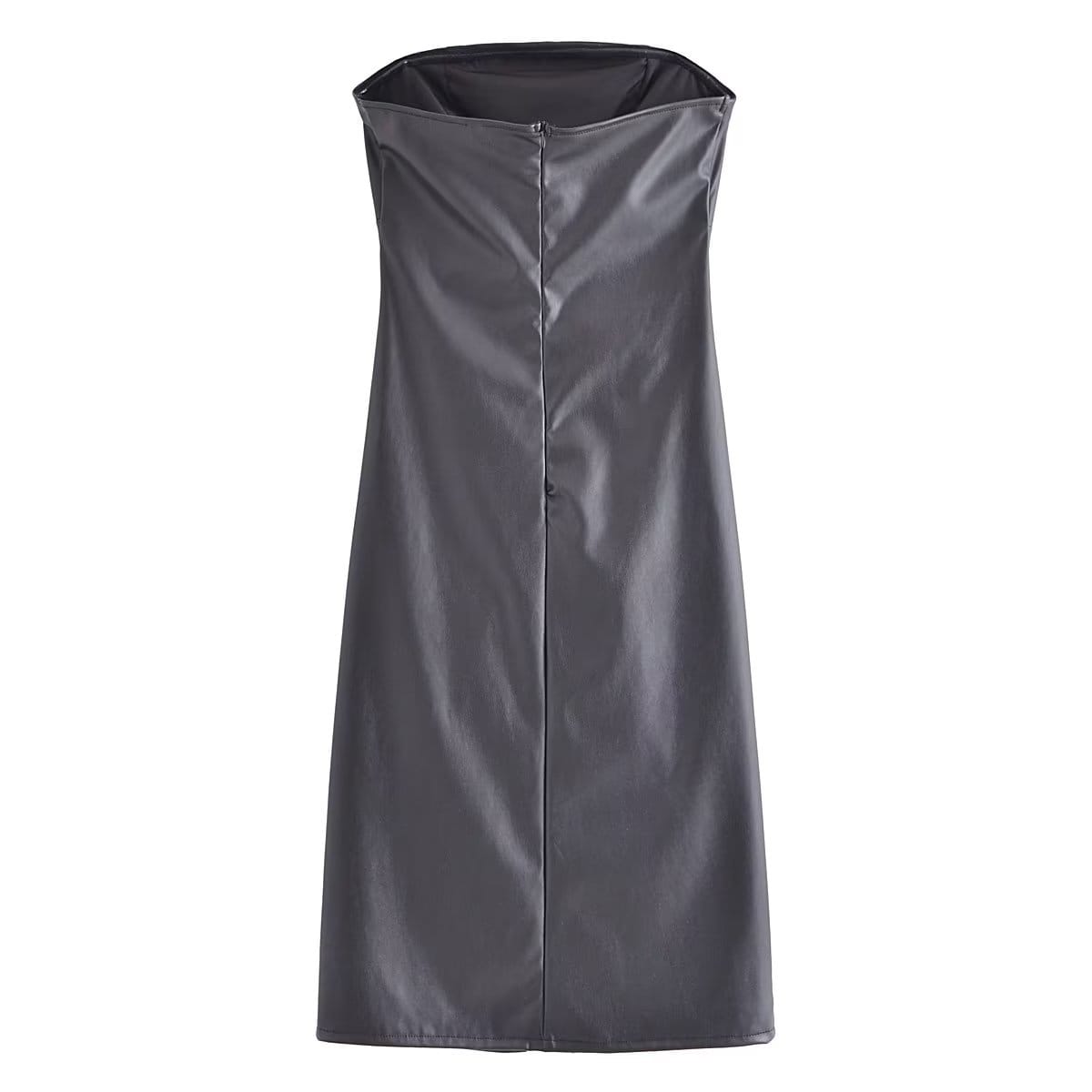 Strapless Ruched Midi Dress - Faux Leather Elegance Party Perfection