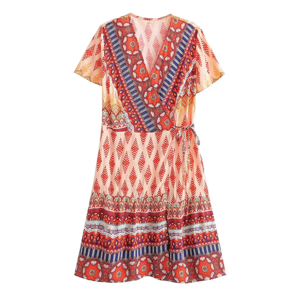 Vibrant Printed Boho A-line Dress with Ruffle Details - Perfect for Vacation