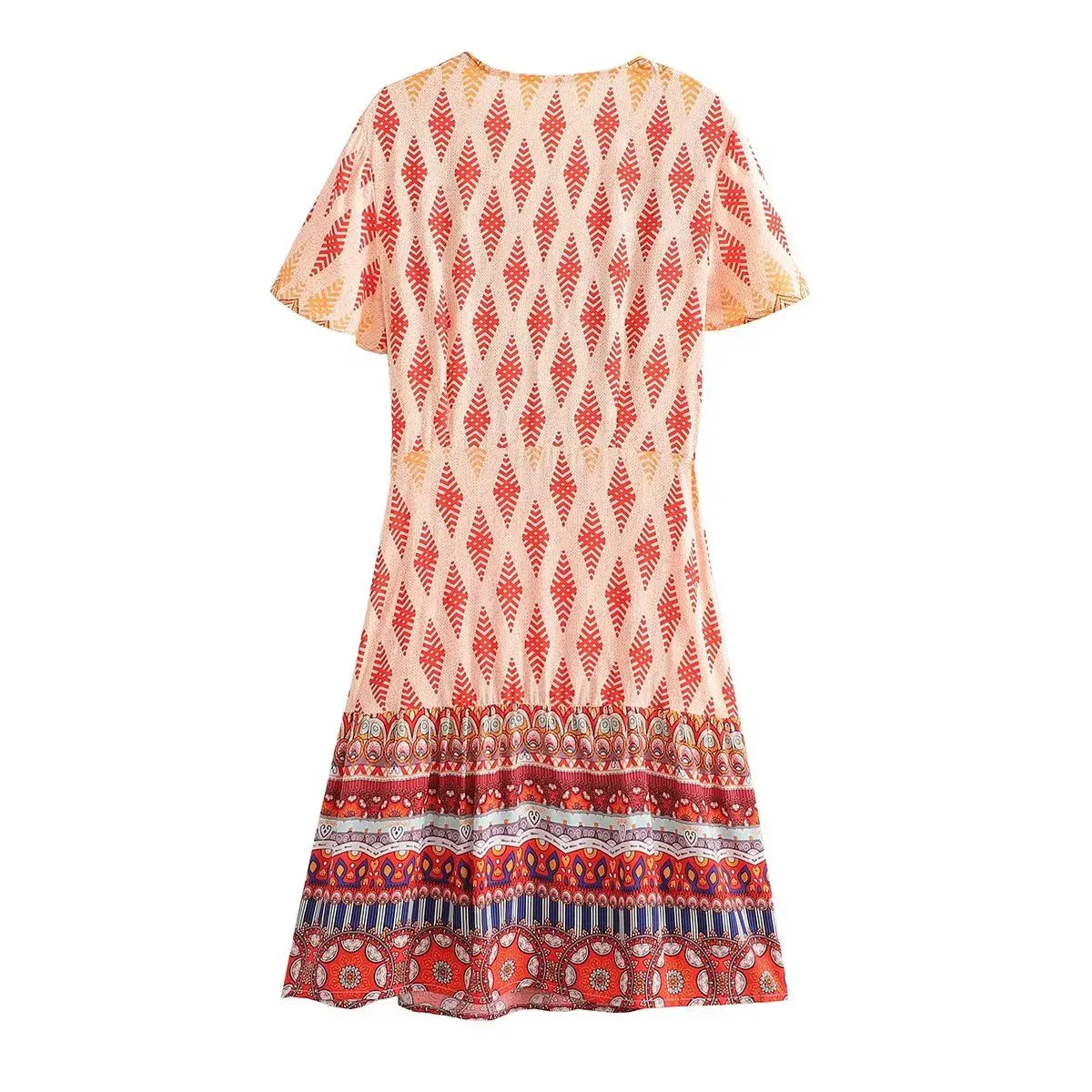 Vibrant Printed Boho A-line Dress with Ruffle Details - Perfect for Vacation