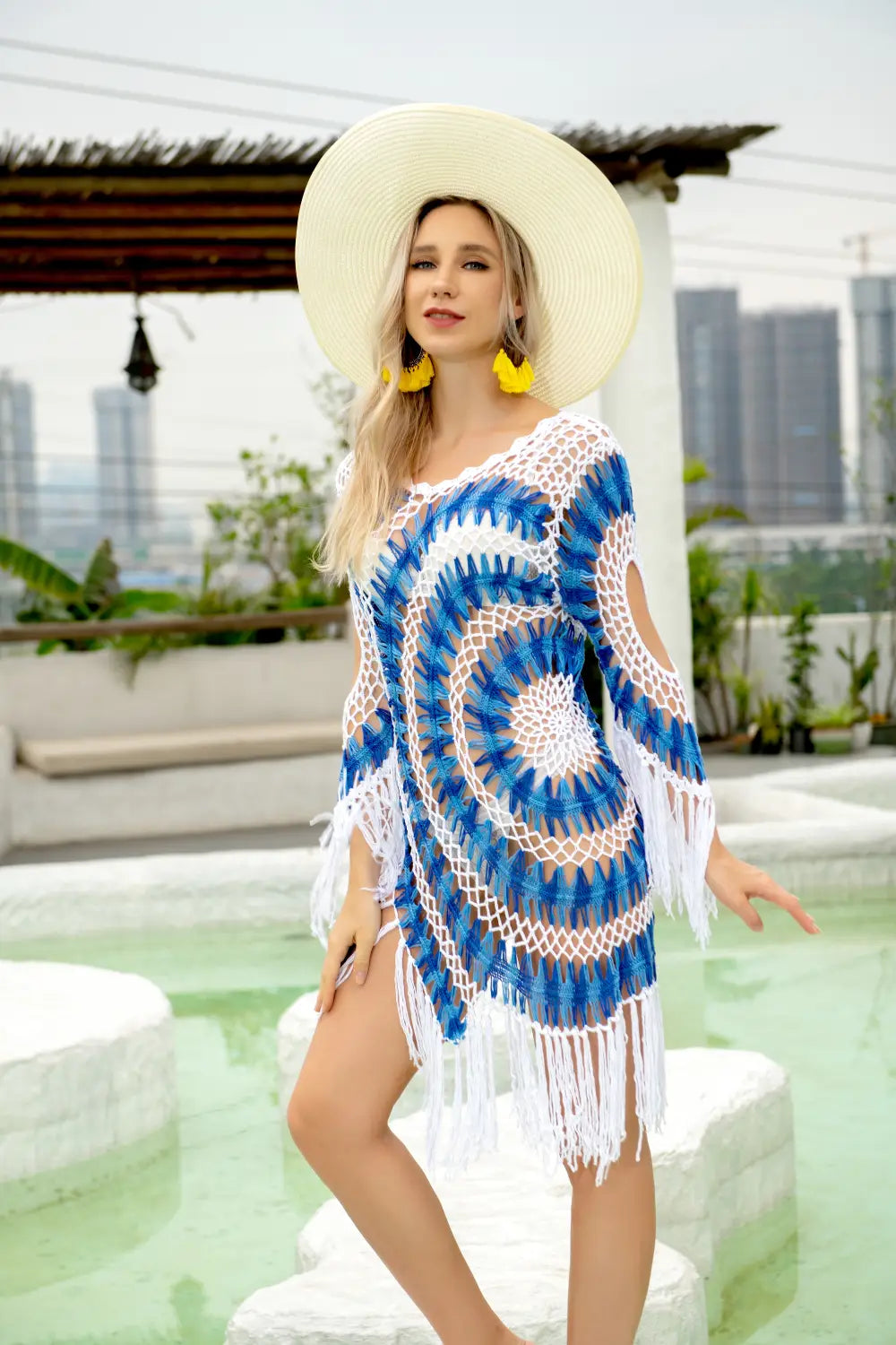 Boho Chic Long Sleeve Beach Cover-up - Vibrant Color Block & Tassel Fringe