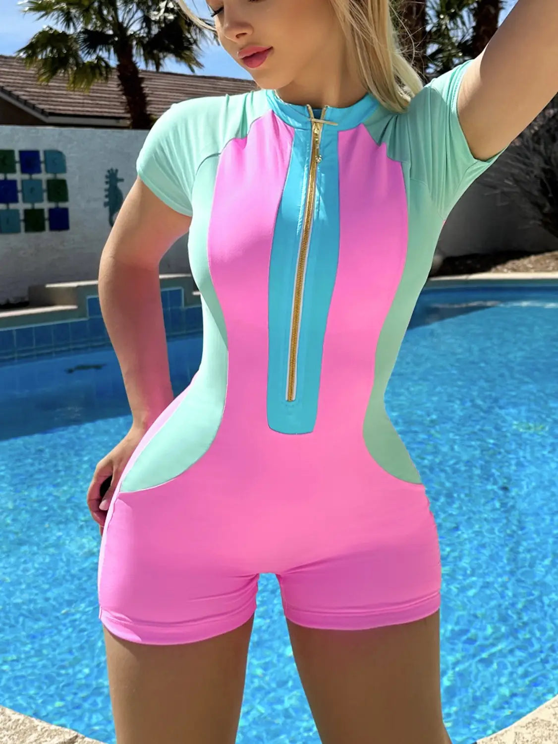 Vibrant Colorblock Zipper Front One Piece Swimsuit - Boho & Vacation