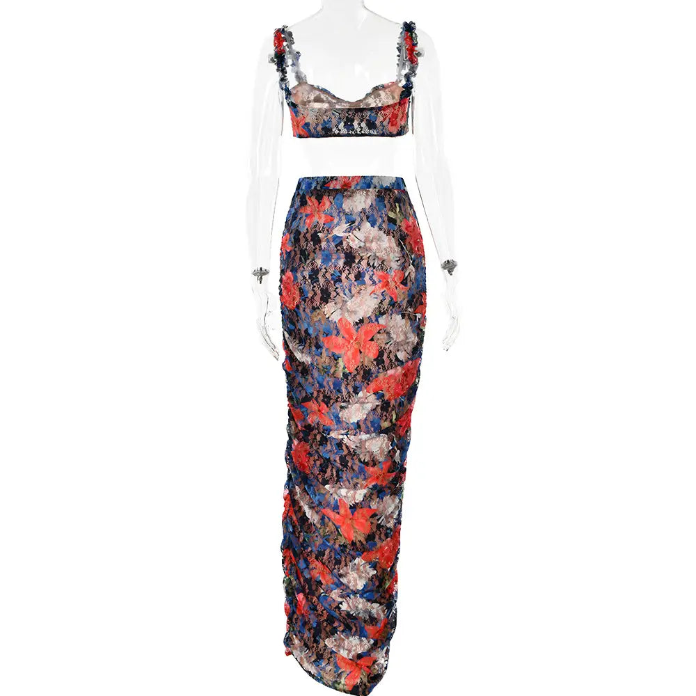 Sexy Floral Print Crop Top and Ruched Maxi Skirt Set - Embrace Summer Elegance!