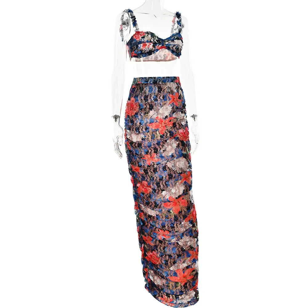 Sexy Floral Print Crop Top and Ruched Maxi Skirt Set - Embrace Summer Elegance!