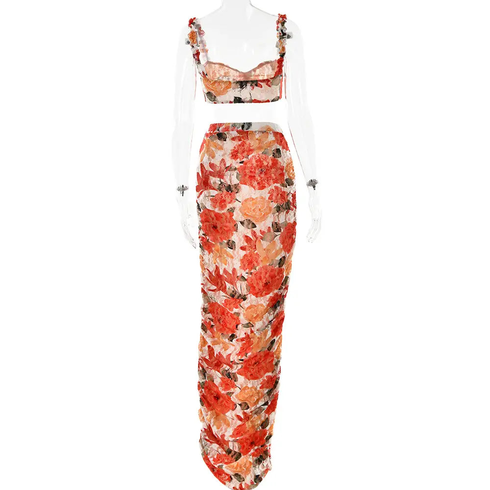 Sexy Floral Print Crop Top and Ruched Maxi Skirt Set - Embrace Summer Elegance!