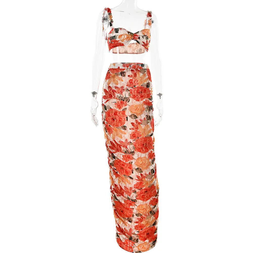 Sexy Floral Print Crop Top and Ruched Maxi Skirt Set - Embrace Summer Elegance!