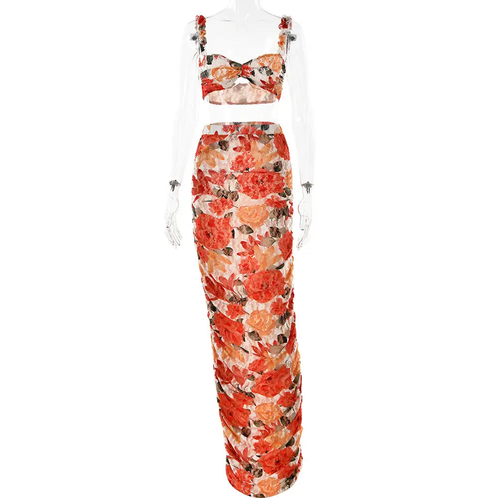 Sexy Floral Print Crop Top and Ruched Maxi Skirt Set - Embrace Summer Elegance!