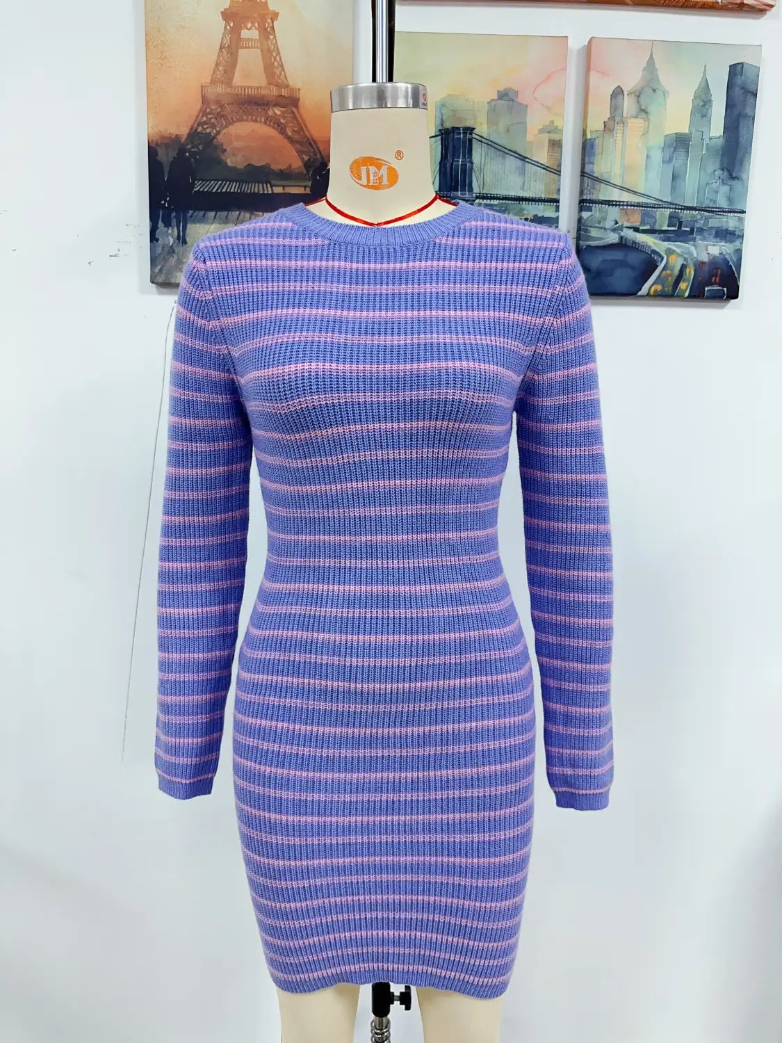 Autumn Round Neck Sweater Dress - Slim Fit Striped Elegance