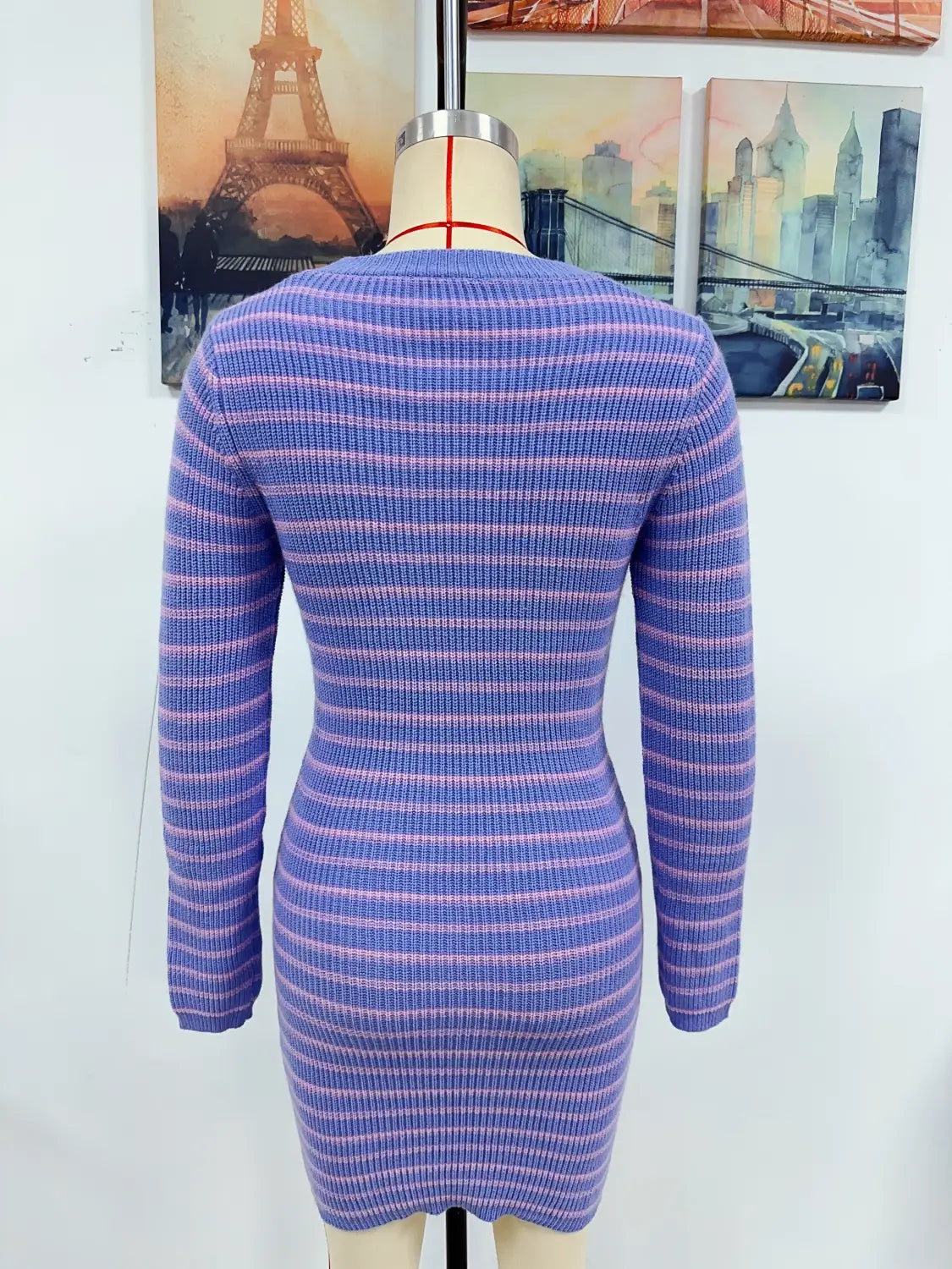Autumn Round Neck Sweater Dress - Slim Fit Striped Elegance