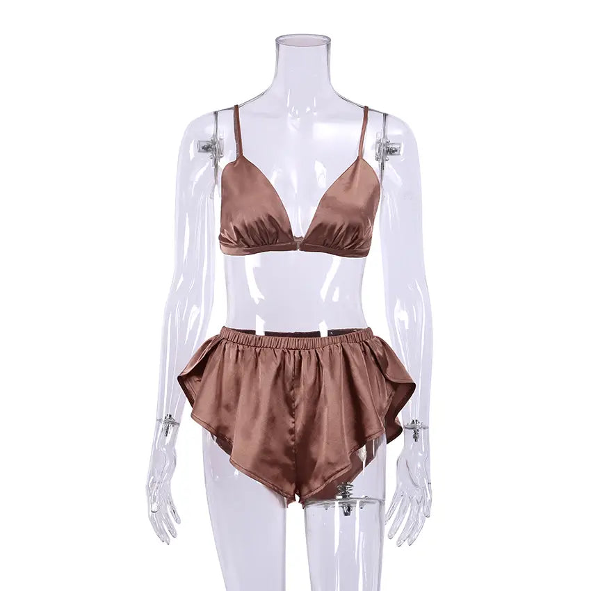 Sexy Solid Satin Pleated Hot Pants Lingerie Set - Unveil Your Elegance