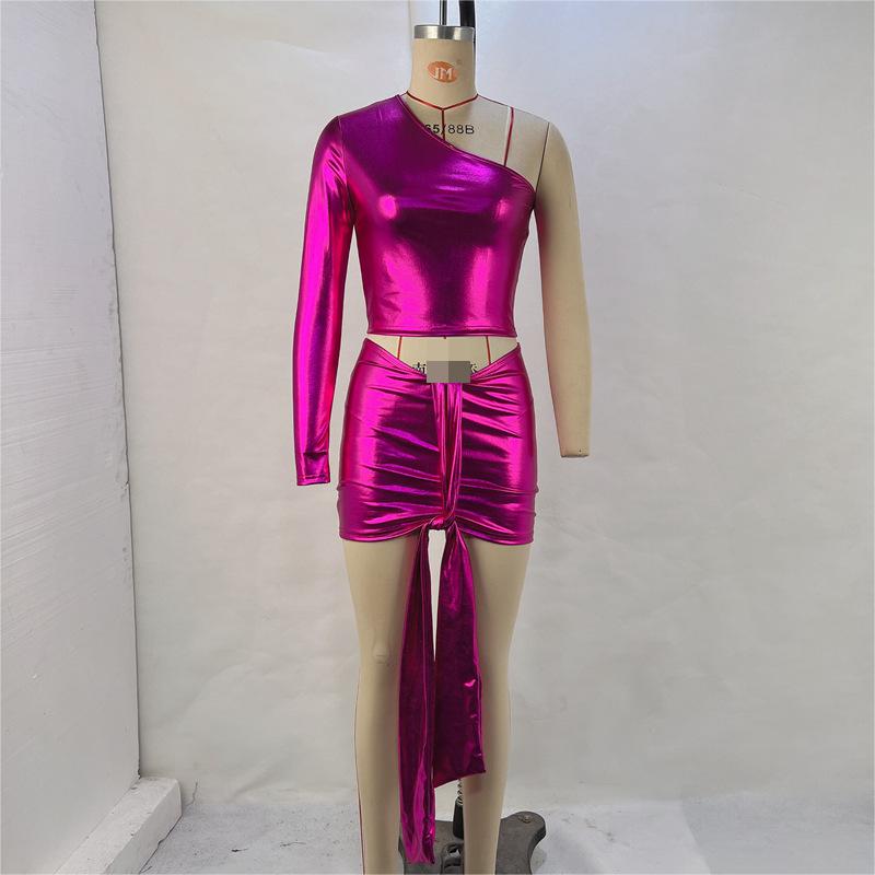 Metallic Coated One-shoulder co Ord - Elastic Hip Sizzle the Night