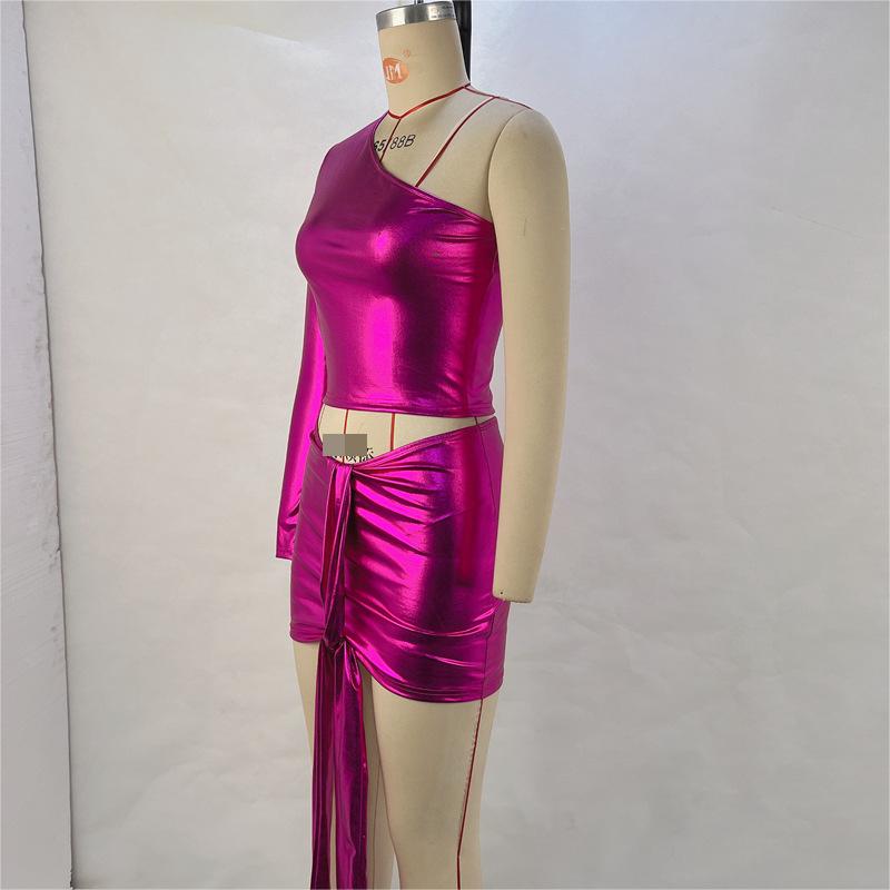 Metallic Coated One-shoulder co Ord - Elastic Hip Sizzle the Night