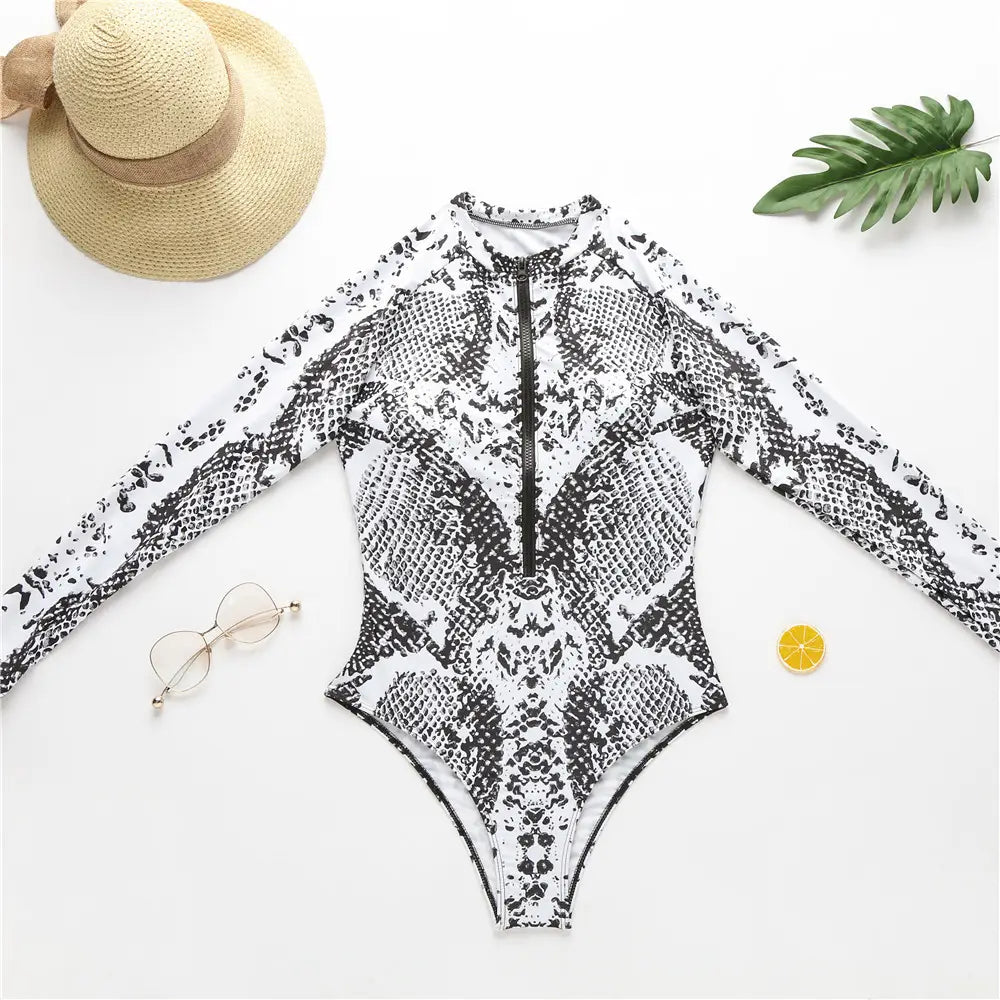 Boho Animal Print Long Sleeve Swimsuit - Embrace Wild Elegance