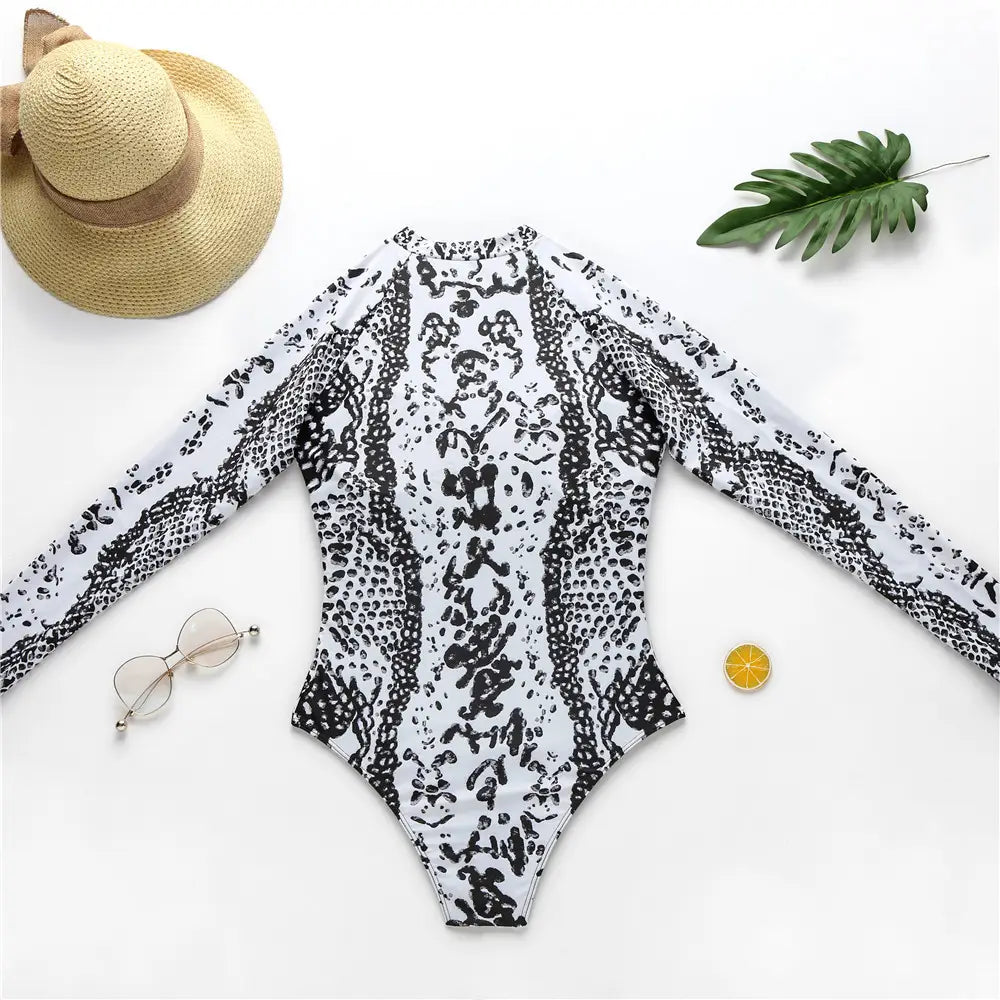 Boho Animal Print Long Sleeve Swimsuit - Embrace Wild Elegance