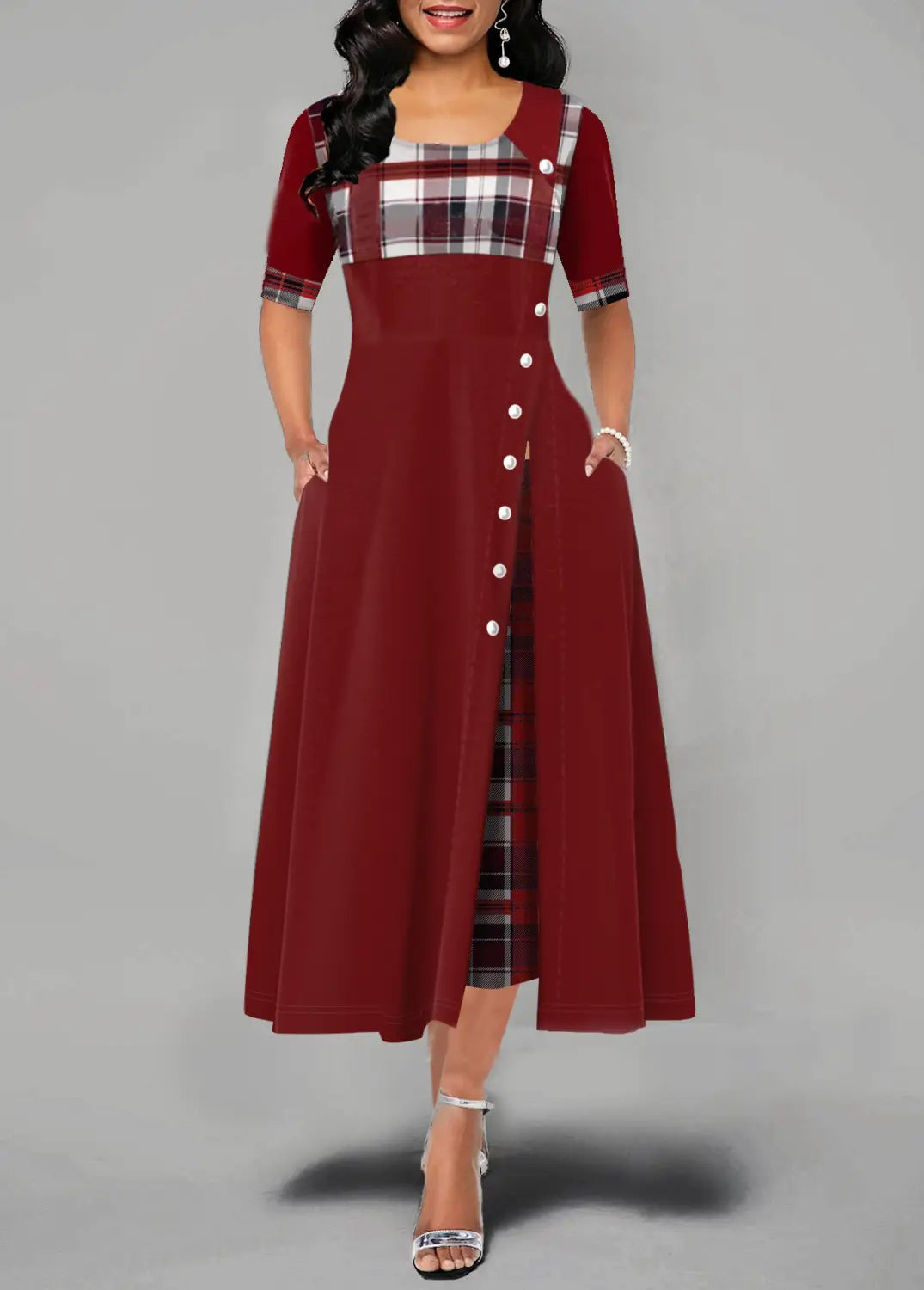 Round Neck Contrast Color Half Sleeve Tartan Maxi Dress - Button Detail Elegance Meets Comfort