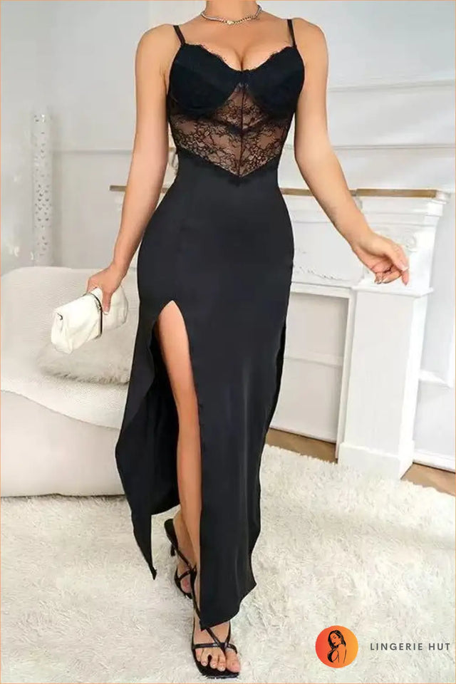 Black Lace-Bust Slit Maxi Dress
