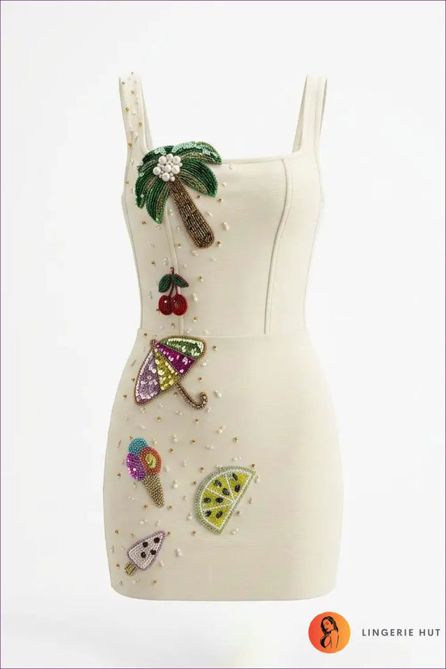 Pale Yellow Beaded Mini Dress with Tropical Applique - Holiday Glow
