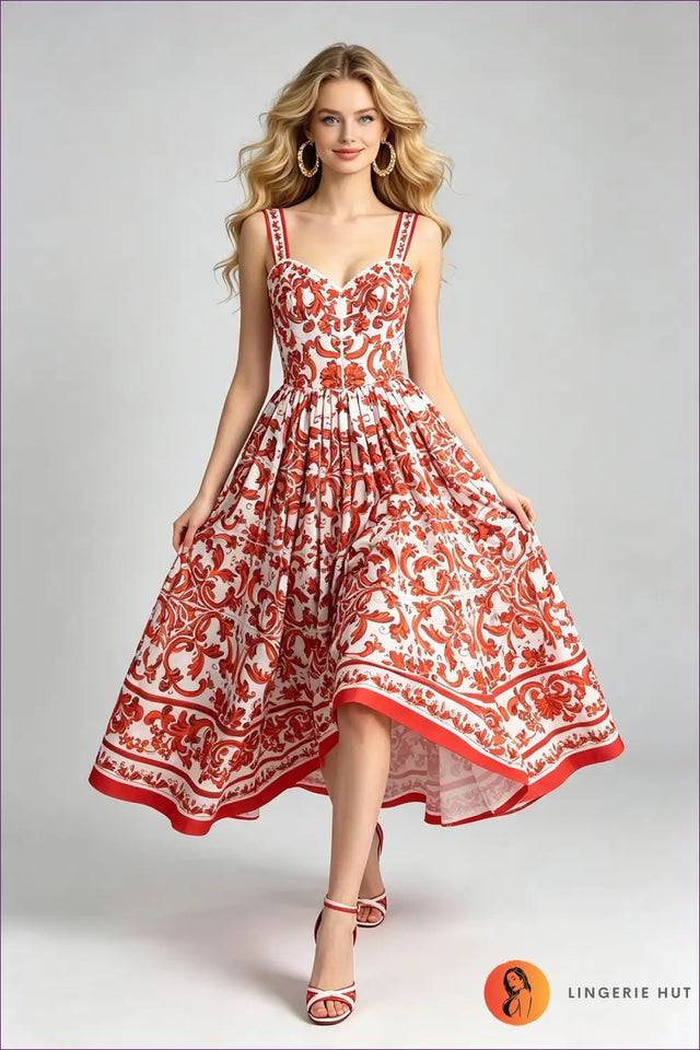 Multi Printed Midi Dress with Sweetheart Neck - Garden Party