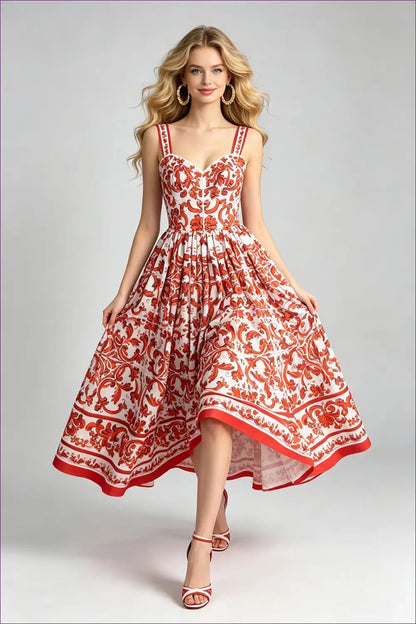 Multi Printed Midi Dress with Sweetheart Neck - Garden Party
