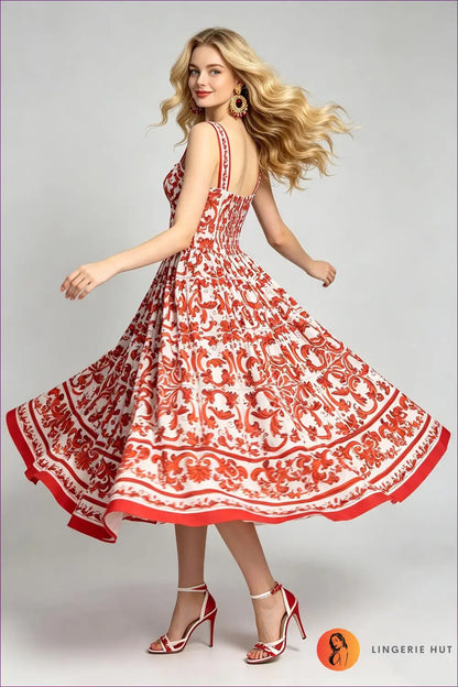 Multi Printed Midi Dress with Sweetheart Neck - Garden Party