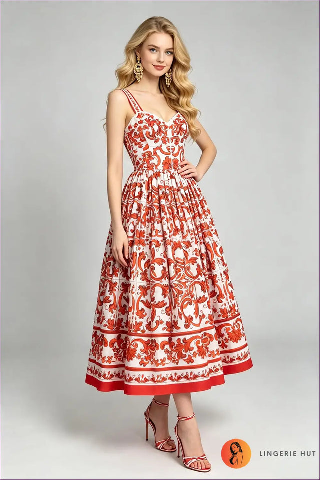 Multi Printed Midi Dress with Sweetheart Neck - Garden Party