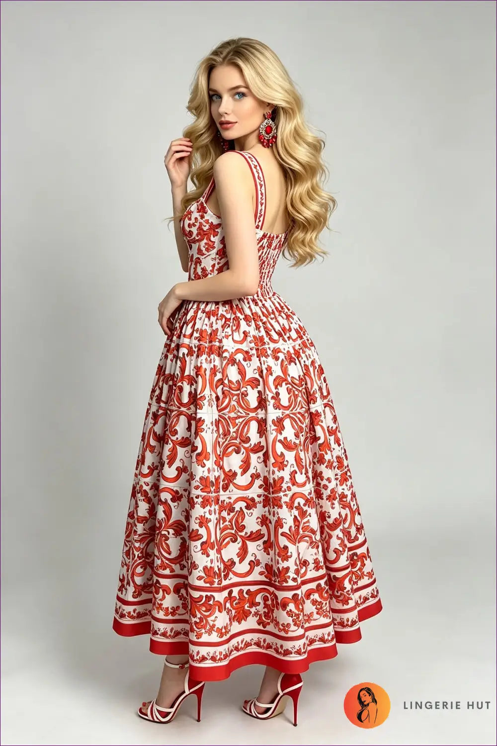 Multi Printed Midi Dress with Sweetheart Neck - Garden Party