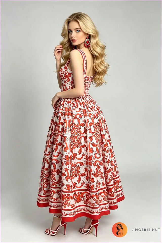 Multi Printed Midi Dress with Sweetheart Neck - Garden Party