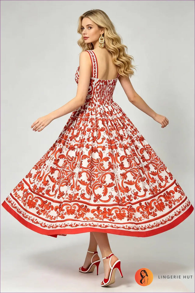 Multi Printed Midi Dress with Sweetheart Neck - Garden Party