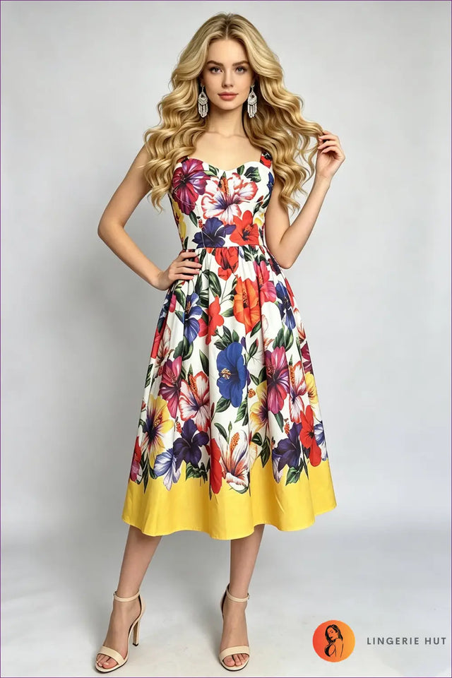 Floral Midi Dress with Sweetheart Neckline - Weekend Ease