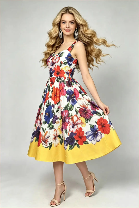 Floral Midi Dress with Sweetheart Neckline