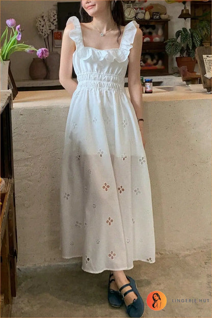 Square-Neck Midi Dress with Eyelet Cutouts and Ruffle