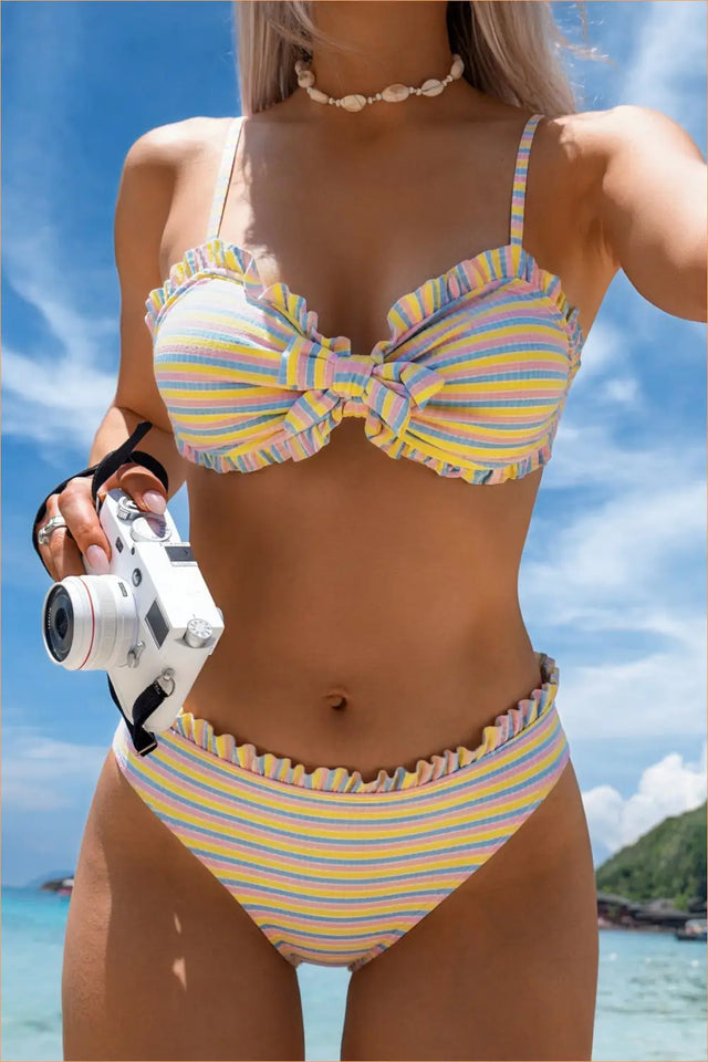 Rainbow Stripe Ruffle Bow Bikini Set
