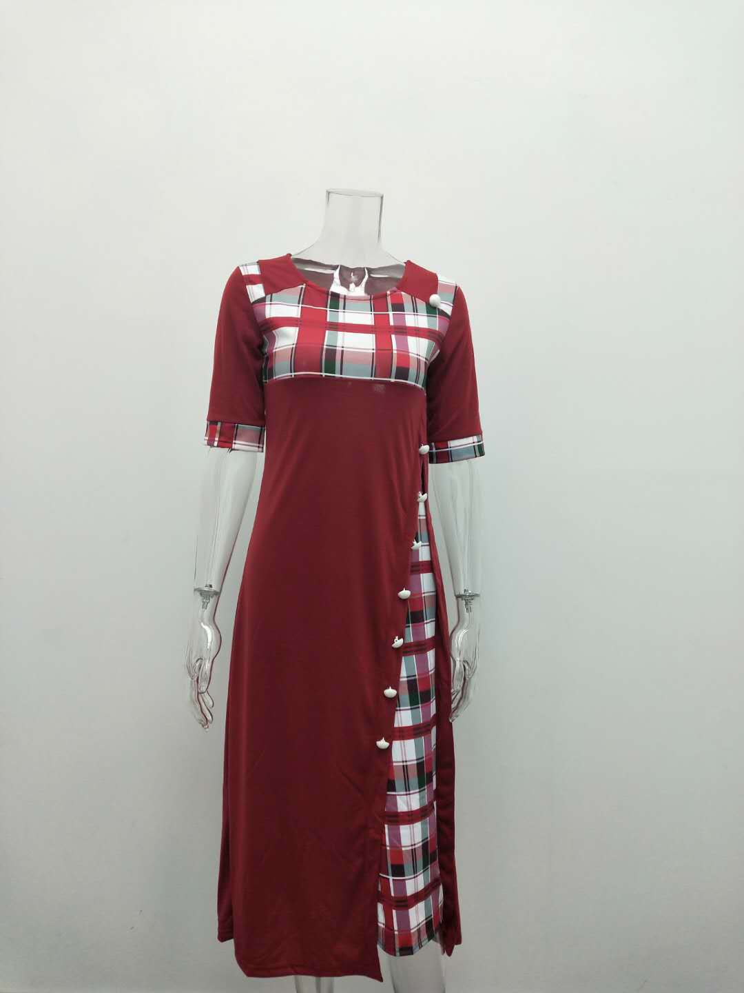 Round Neck Contrast Color Half Sleeve Tartan Maxi Dress - Button Detail Elegance Meets Comfort