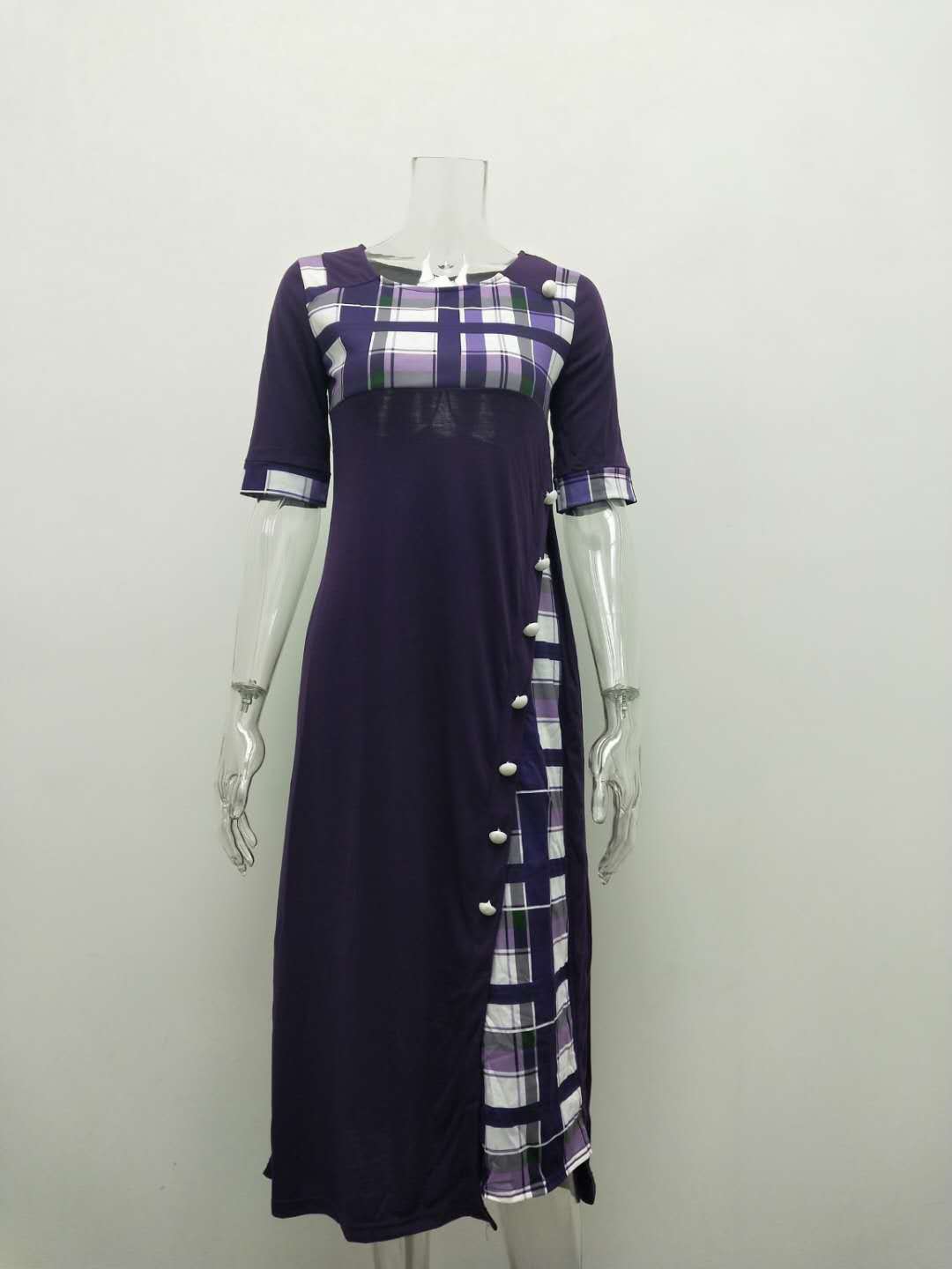 Round Neck Contrast Color Half Sleeve Tartan Maxi Dress - Button Detail Elegance Meets Comfort