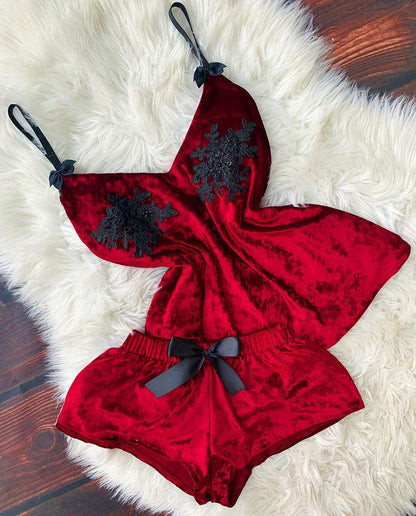 Red Velvet Cami Set with Lace Applique - Weekend Ease