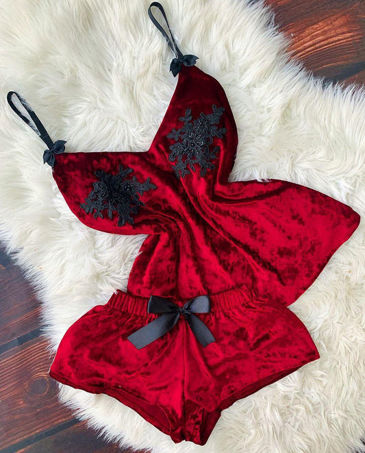 Red Velvet Cami Set with Lace Applique - Weekend Ease