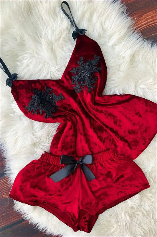 Velvet Cami Set with Lace Applique