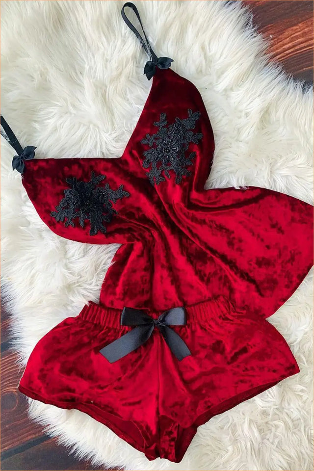 Velvet Cami Set with Lace Applique