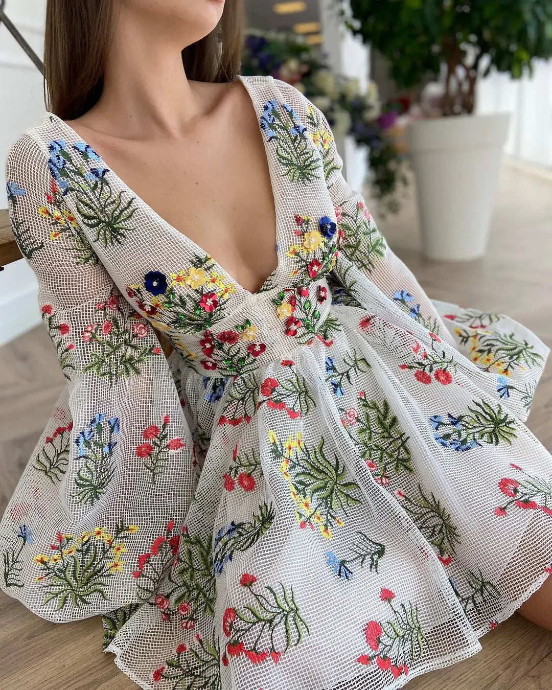 Embroidered Mesh Lantern Sleeve Dress - Embrace Cute Elegance