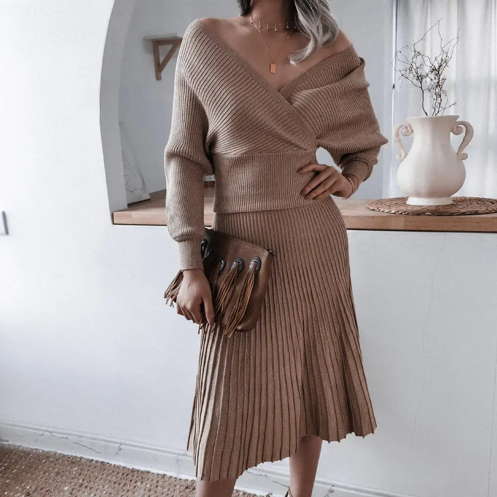 Off-shoulder Ribbed Knit Dress with Wrap Detail