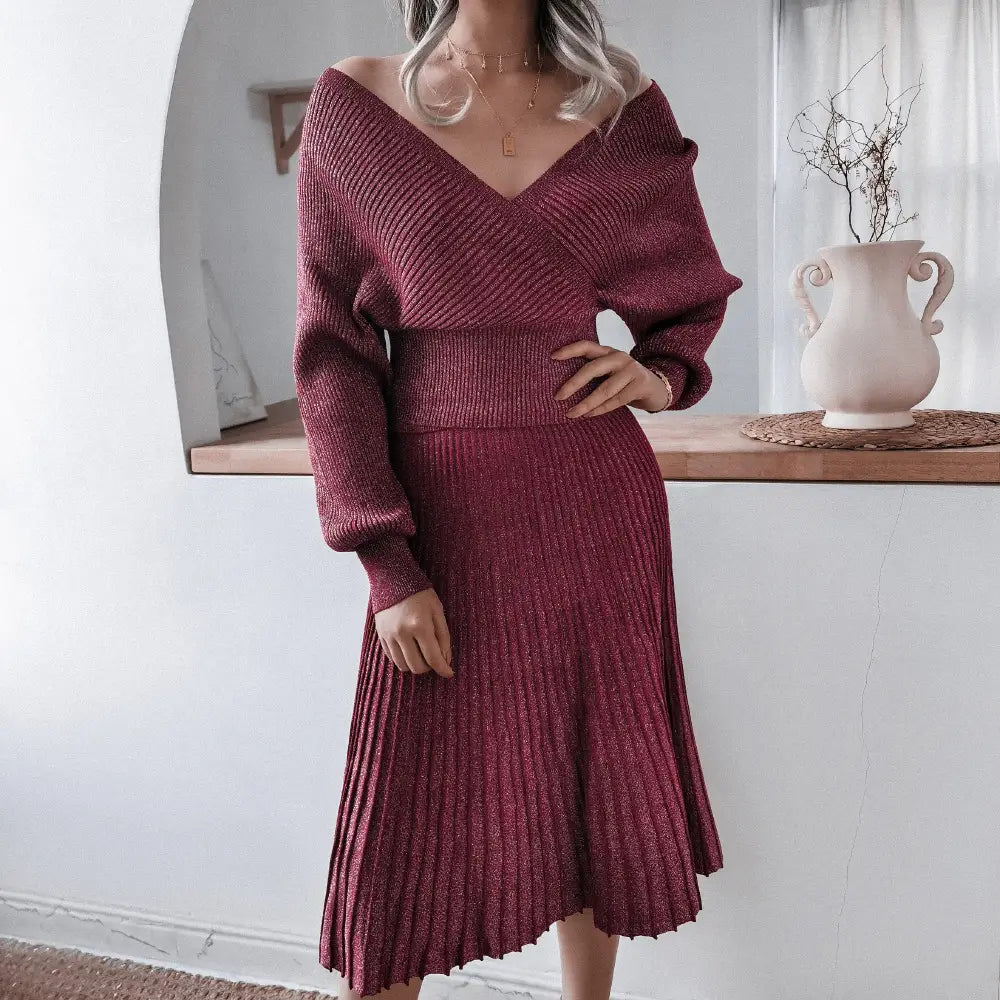 Off-shoulder Ribbed Knit Dress with Wrap Detail