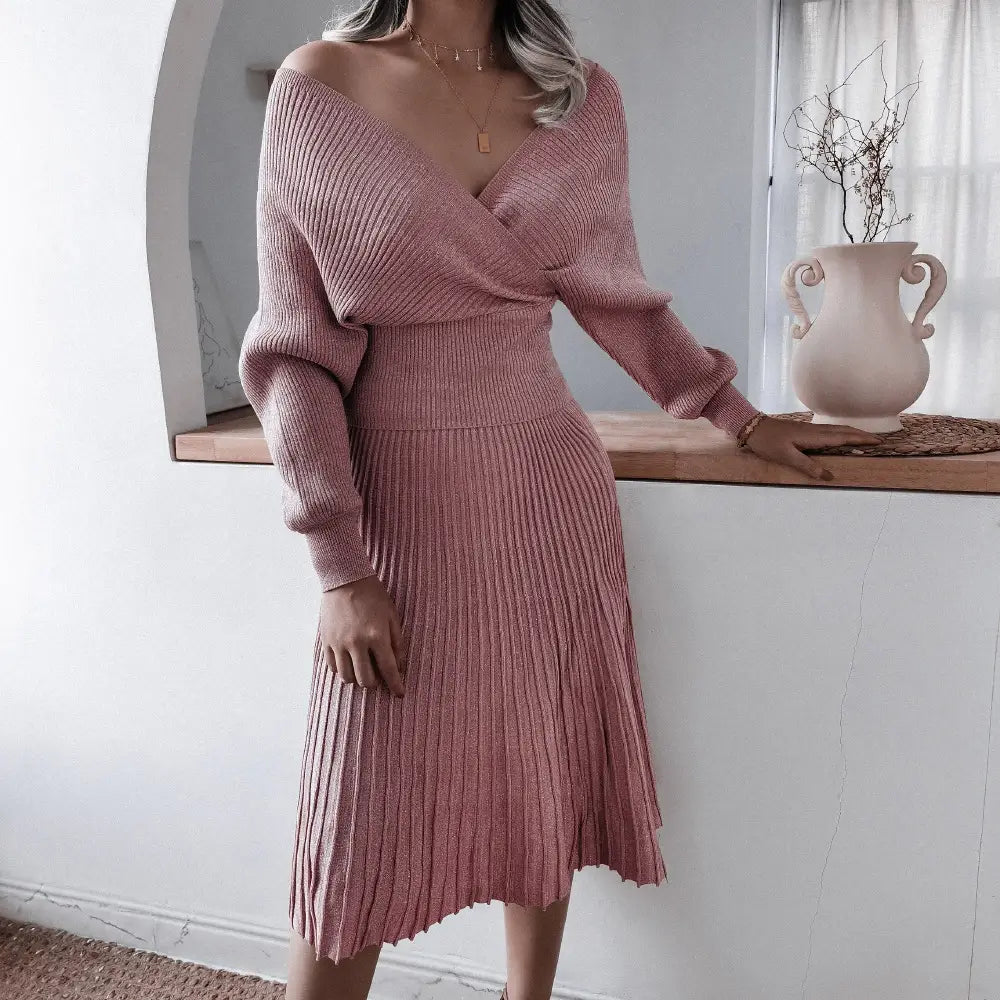 Off-shoulder Ribbed Knit Dress with Wrap Detail