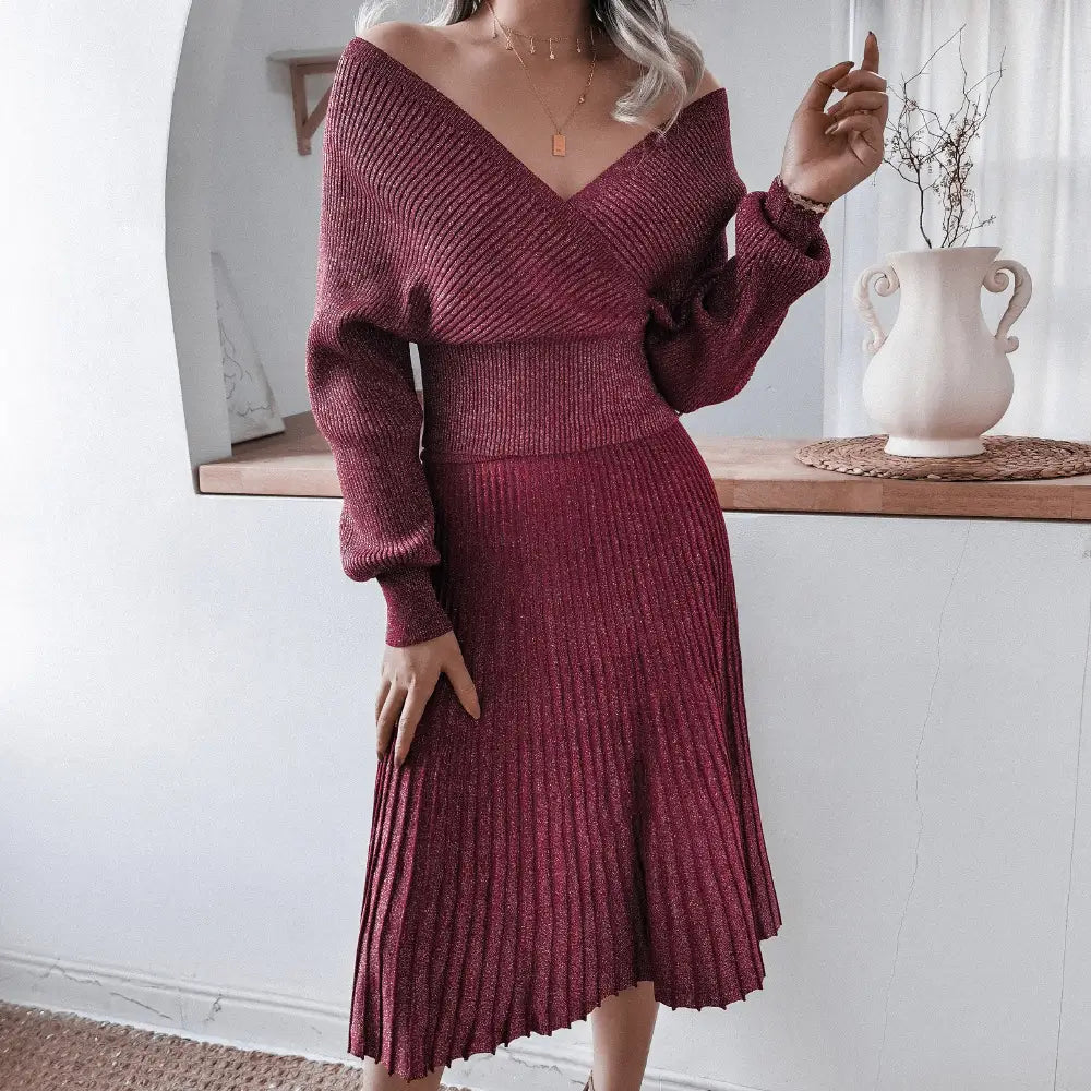 Off-shoulder Ribbed Knit Dress with Wrap Detail