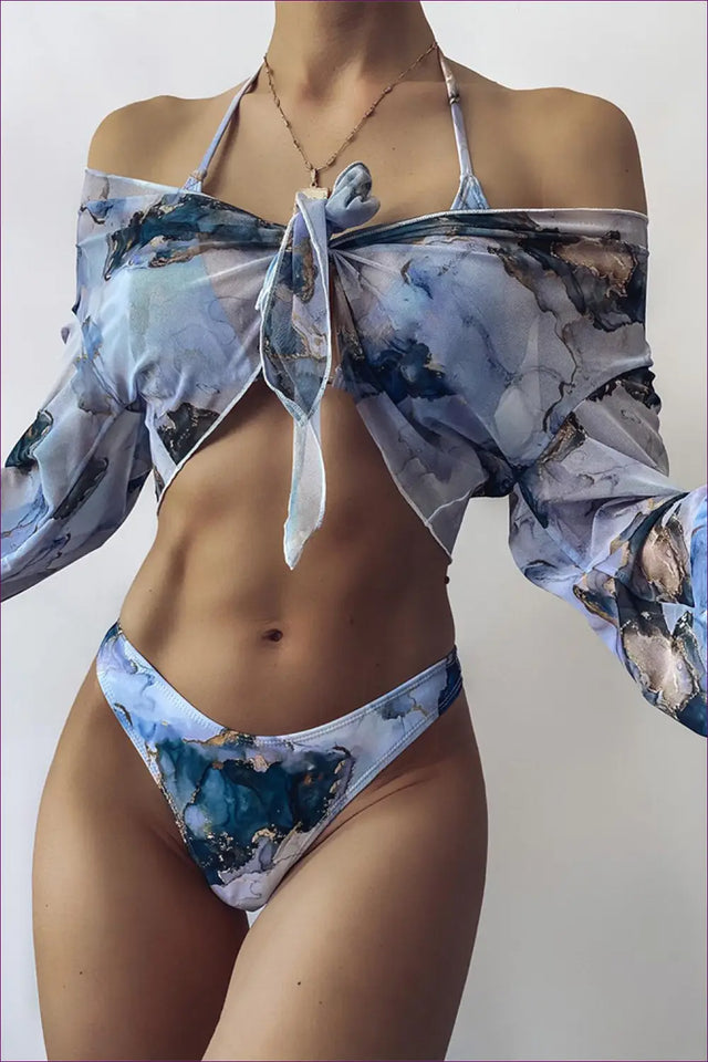 Marble Print Long Sleeve Bikini with Sheer Tie Top - Confident Layers